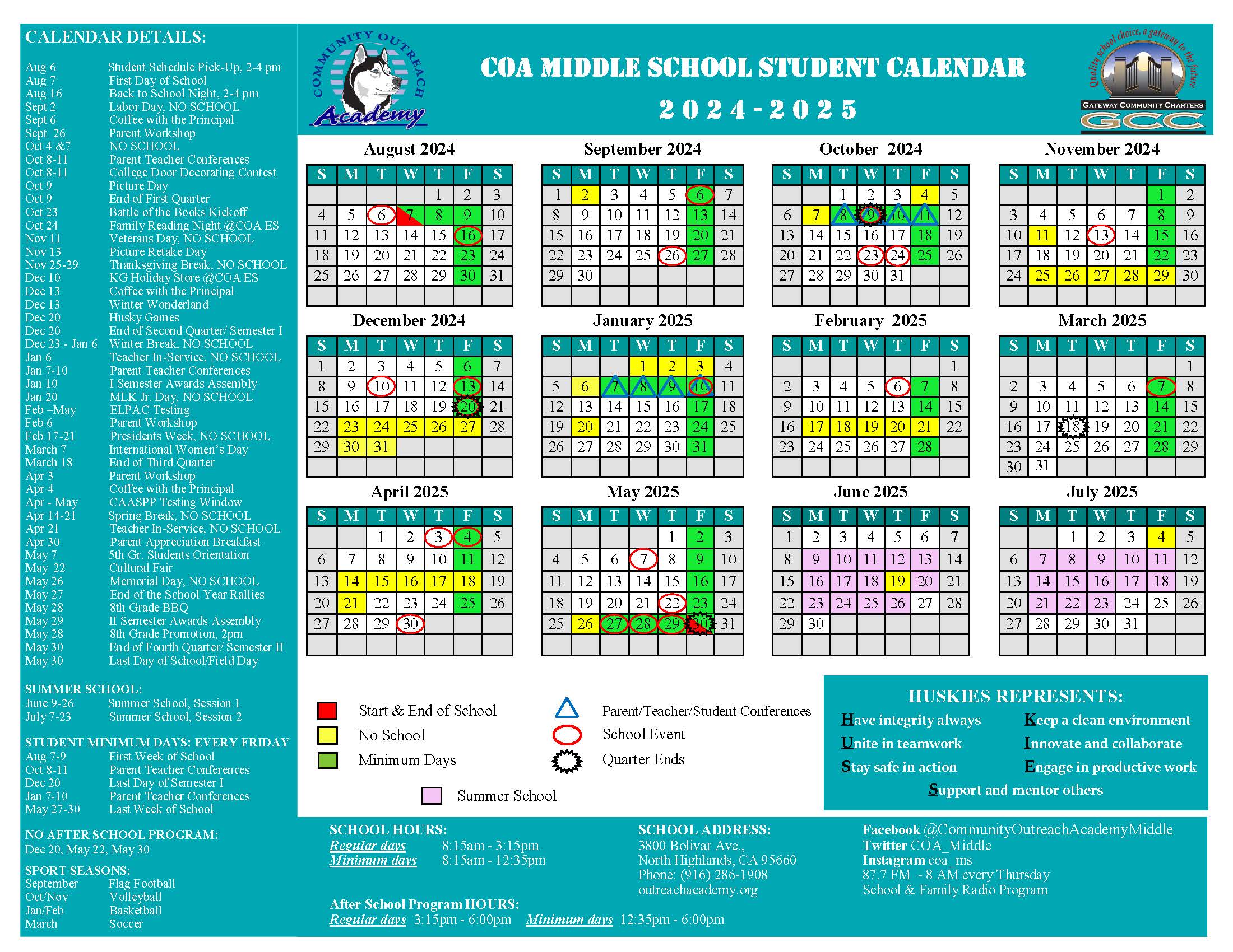 COA middle calendar 